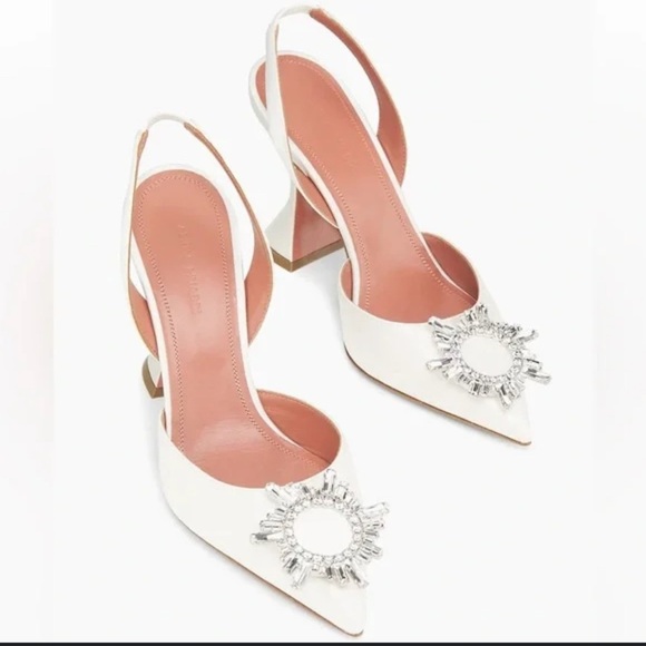 Shoes - Elegant White Slingback Heels with Crystal Embellishment
